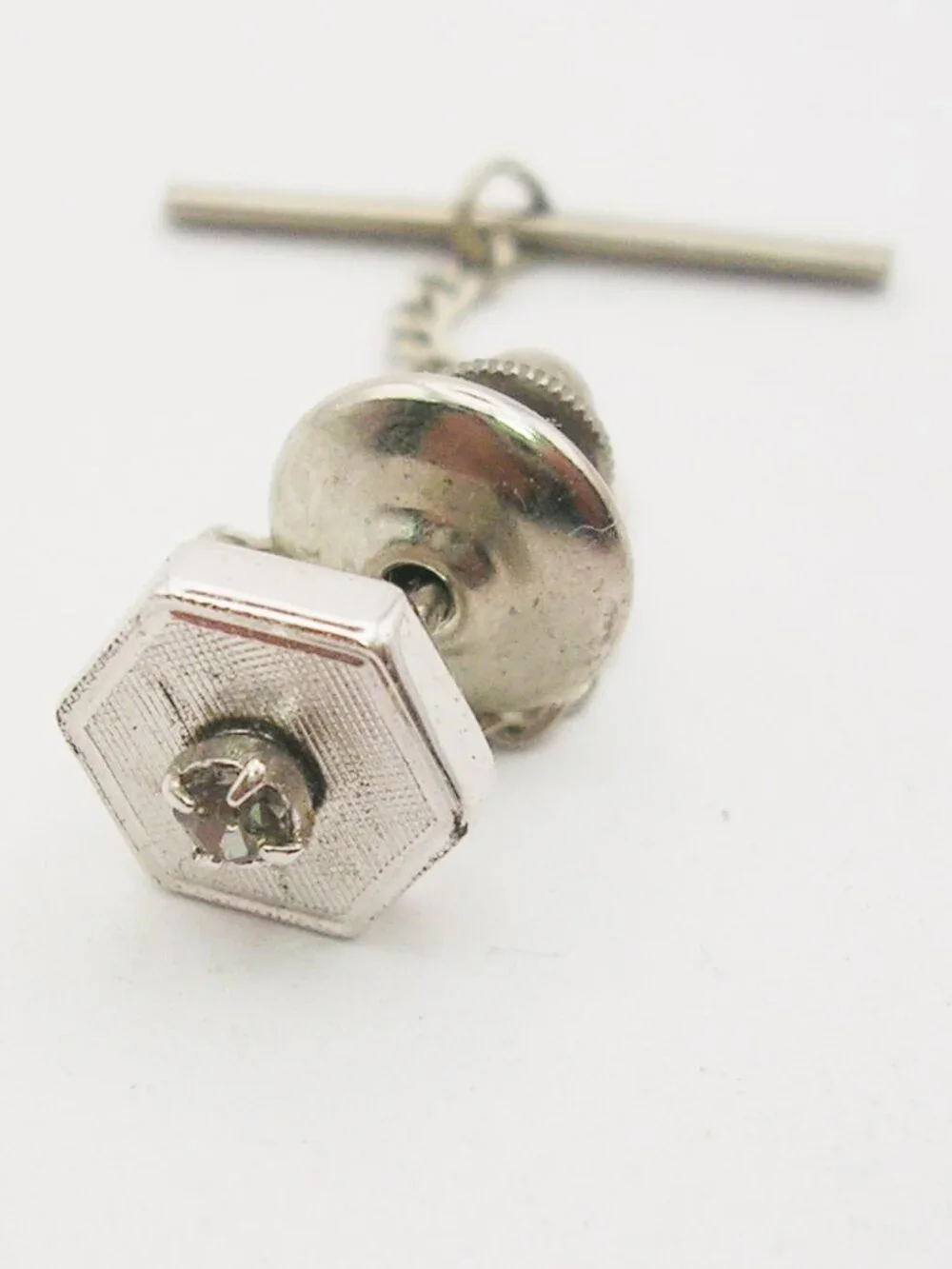 Vintage Tie Tack Pin with Chain silver tone Hexagon gray Rhinestone Formal Wear